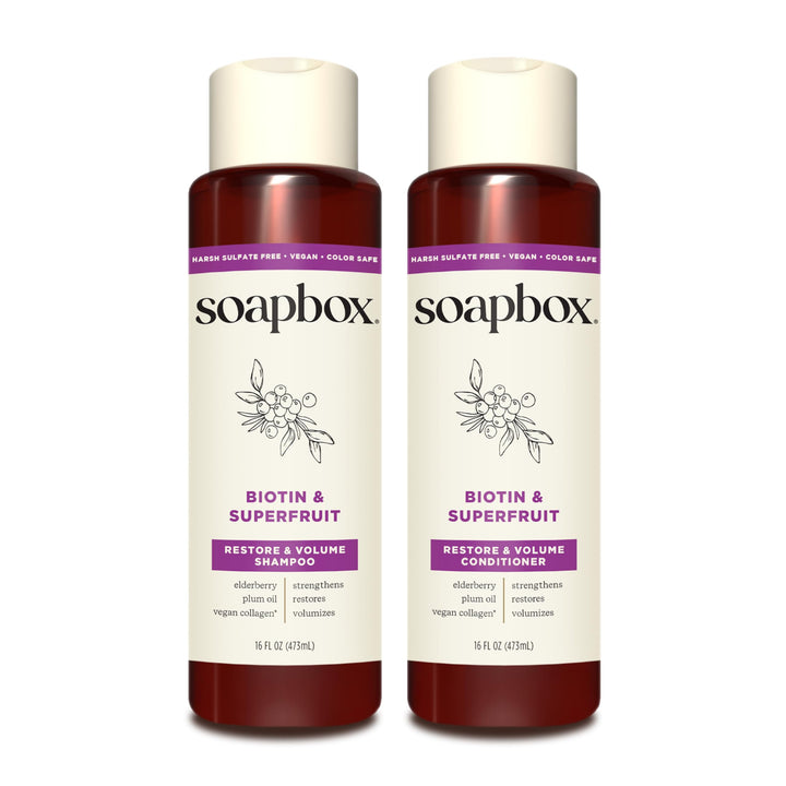 Soapbox biotin set front packaging shows benefits and clean formula