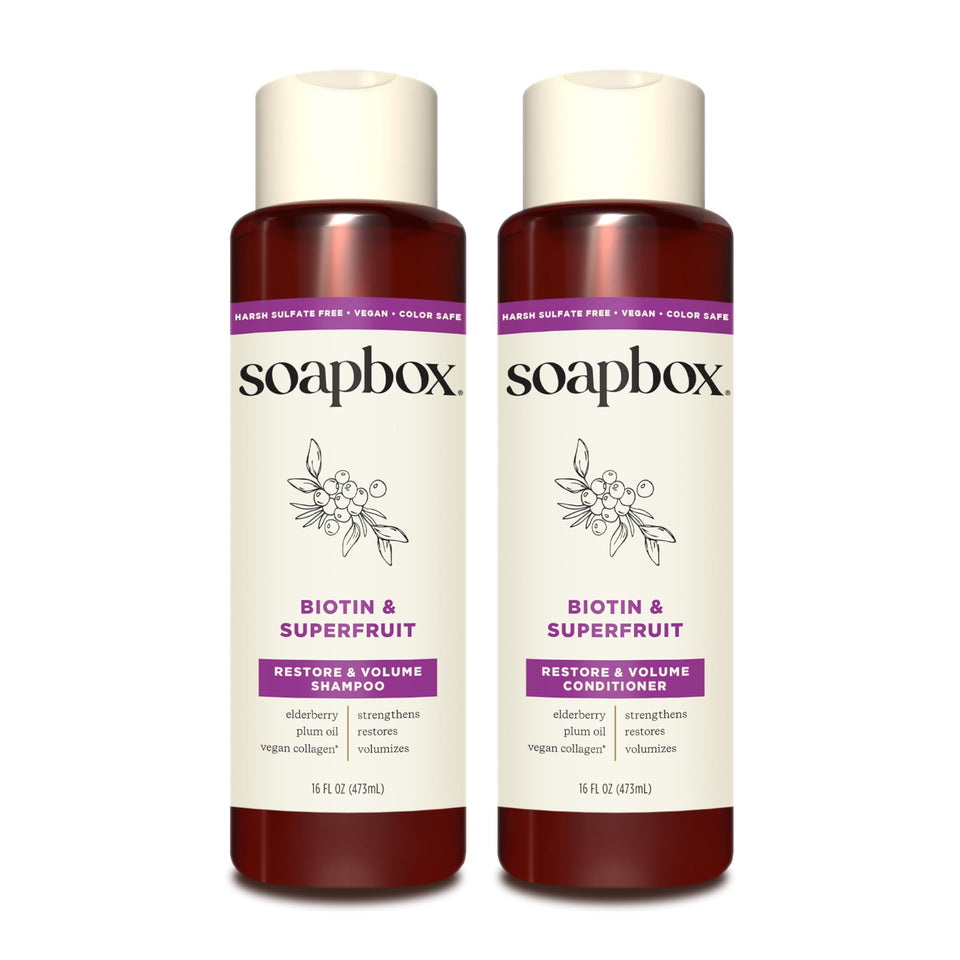 Soapbox biotin set front packaging shows benefits and clean formula