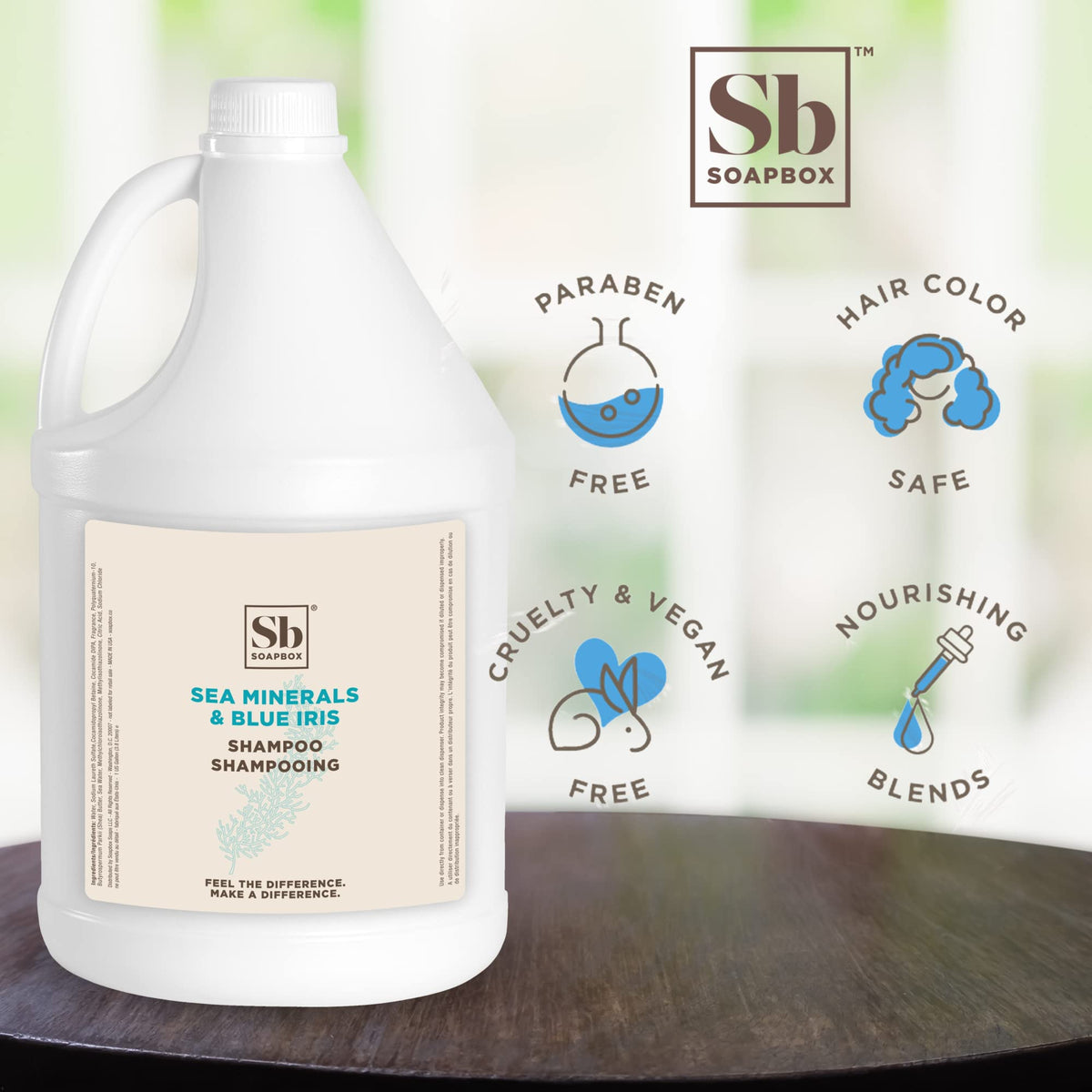 Soapbox gallon bottle placed in a hotel bathroom showing professional amenity benefit