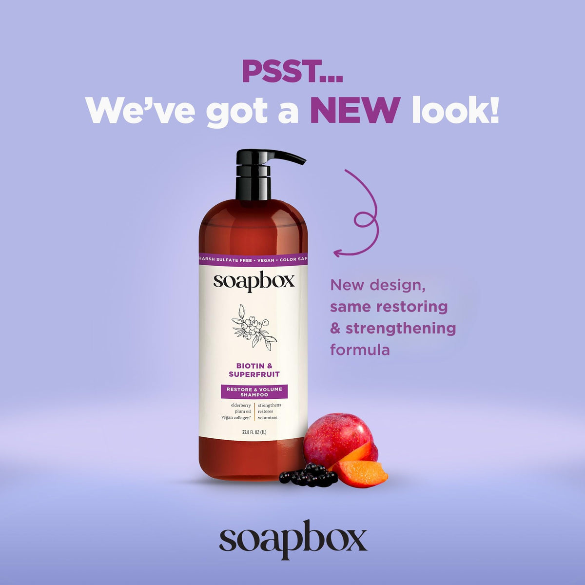 Soapbox label close-up highlighting biotin and super fruit ingredients