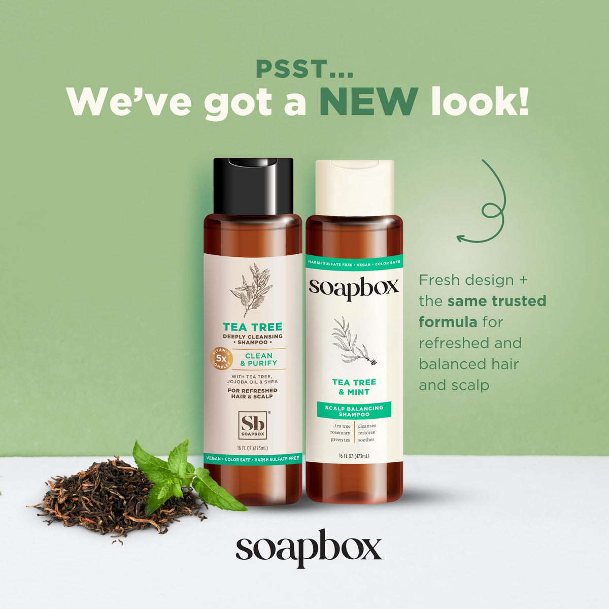 Close-up label detail on Soapbox bottle highlighting tea tree, mint and clean-ingredient benefits
