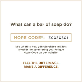 Soapbox charity stamp detail highlighting donation impact with each purchase