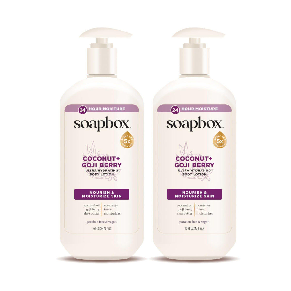 Soapbox bottle front packaging showing coconut and goji berry for lightweight hydration