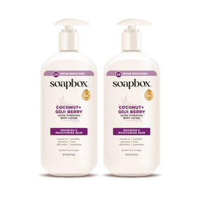 Soapbox bottle front packaging showing coconut and goji berry for lightweight hydration