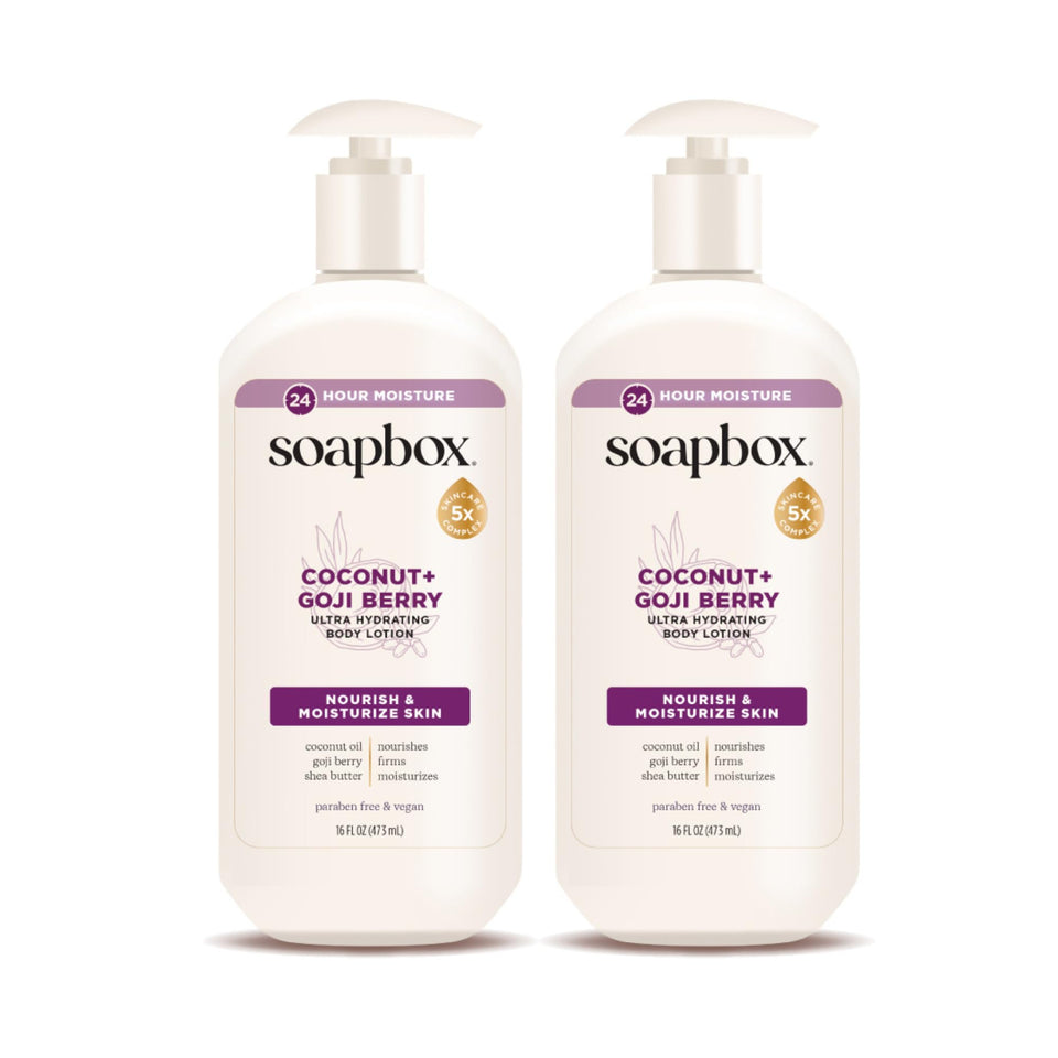 Soapbox bottle front packaging showing coconut and goji berry for lightweight hydration