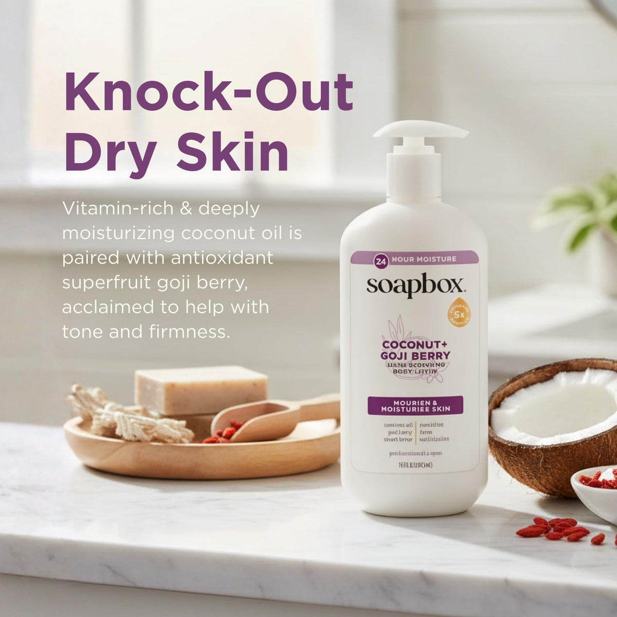 Soapbox pump dispenser detail highlighting easy, mess-free lotion dispensing benefit