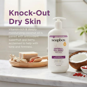 Soapbox pump dispenser detail highlighting easy, mess-free lotion dispensing benefit