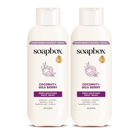 Soapbox front packaging showing bottle and brand, highlights hydrating benefits