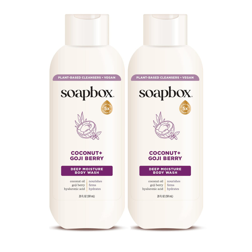 Soapbox front packaging showing bottle and brand, highlights hydrating benefits