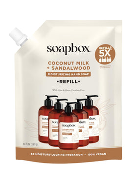 Soapbox front packaging of 64 oz coconut milk and sandalwood refill showing size and design benefits