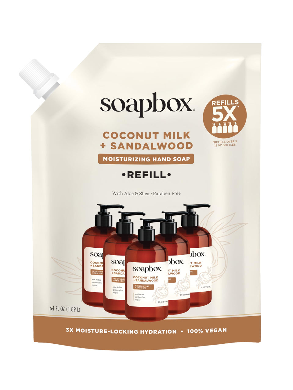 Soapbox front packaging of 64 oz coconut milk and sandalwood refill showing size and design benefits