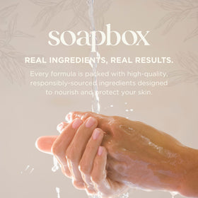 Label close-up on Soapbox bottle showing clean-ingredient claim and product details