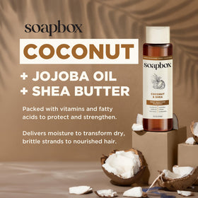 Soapbox ingredient flatlay with coconut and shea showing natural oils