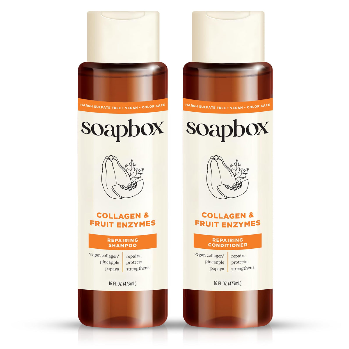Soapbox collagen and fruit enzymes set front packaging showing both 16 oz bottles and benefits