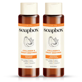 Soapbox collagen and fruit enzymes set front packaging showing both 16 oz bottles and benefits