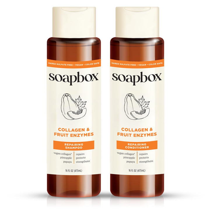 Soapbox collagen and fruit enzymes set front packaging showing both 16 oz bottles and benefits