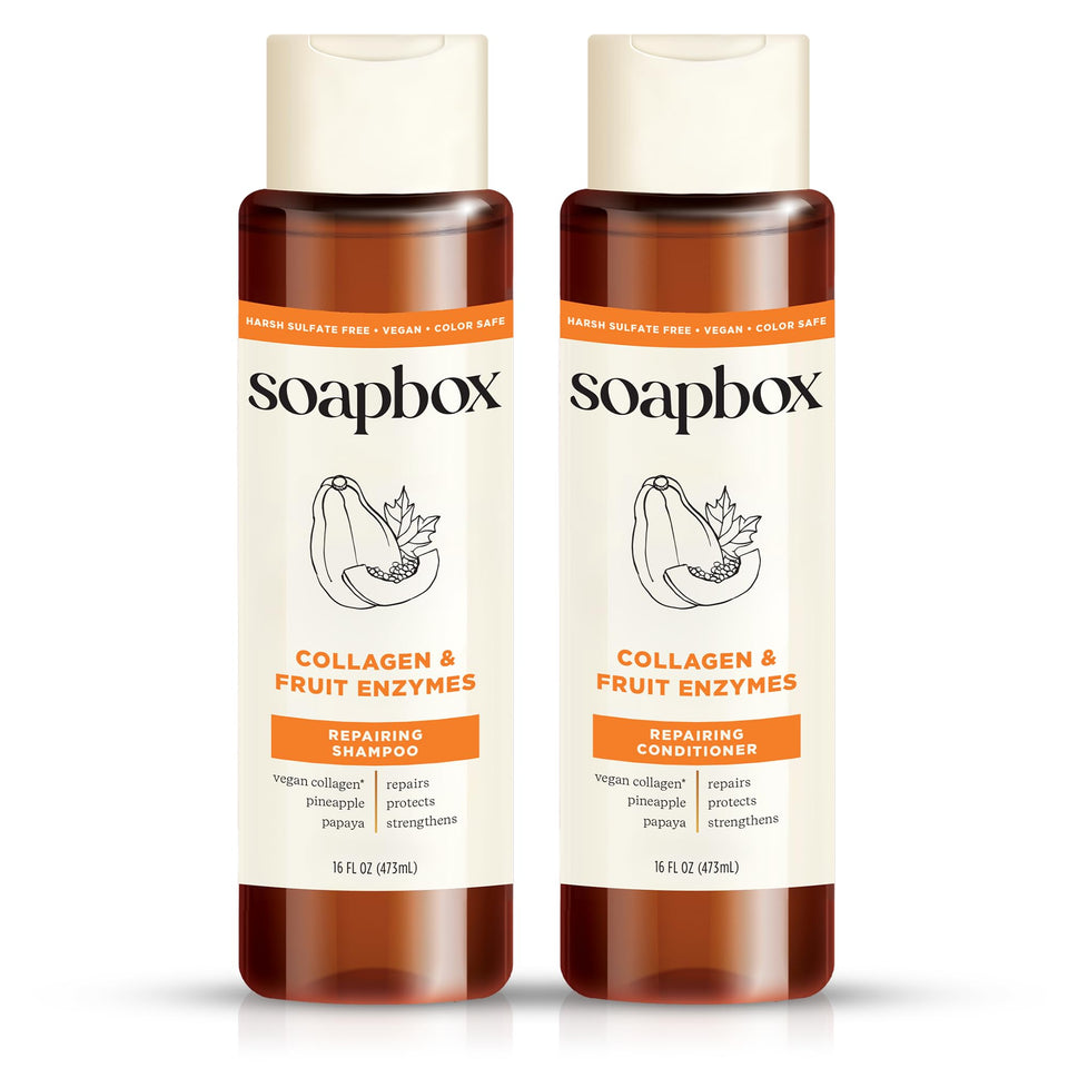 Soapbox collagen and fruit enzymes set front packaging showing both 16 oz bottles and benefits