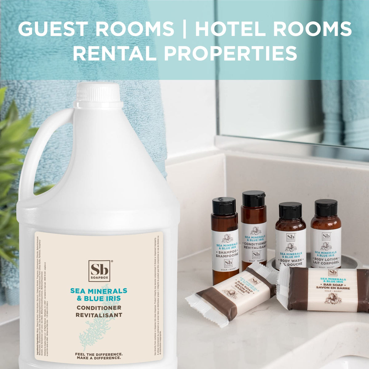 Soapbox bottle with pump in bathroom for guest convenience