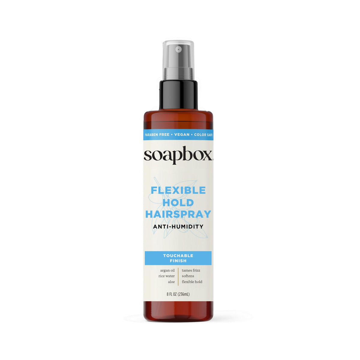 Soapbox front packaging shows the non-aerosol hairspray and benefits