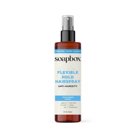 Soapbox front packaging shows the non-aerosol hairspray and benefits