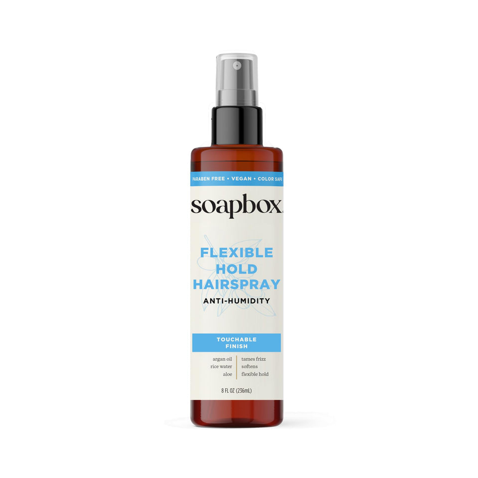Soapbox front packaging shows the non-aerosol hairspray and benefits