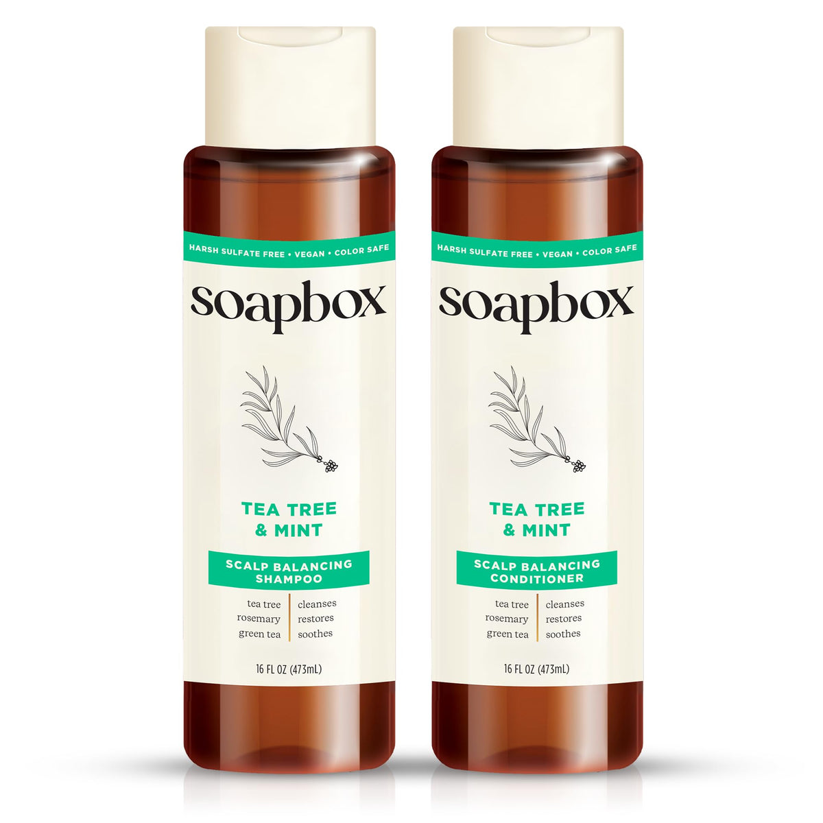 Soapbox front packaging of tea tree and mint shampoo and conditioner showing 16 oz bottles and benefits