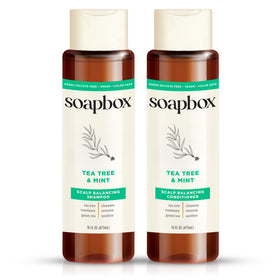 Soapbox front packaging of tea tree and mint shampoo and conditioner showing 16 oz bottles and benefits