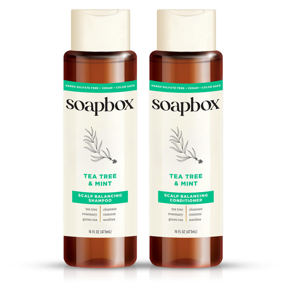 Soapbox front packaging of tea tree and mint shampoo and conditioner showing 16 oz bottles and benefits