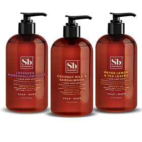 Soapbox front trio packaging showing three scented bottles and easy pumps