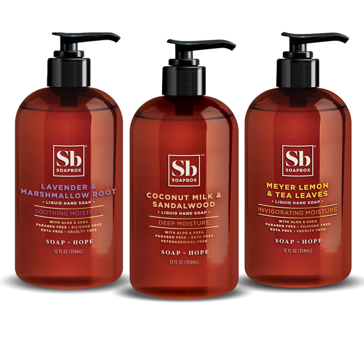 Soapbox front trio packaging showing three scented bottles and easy pumps