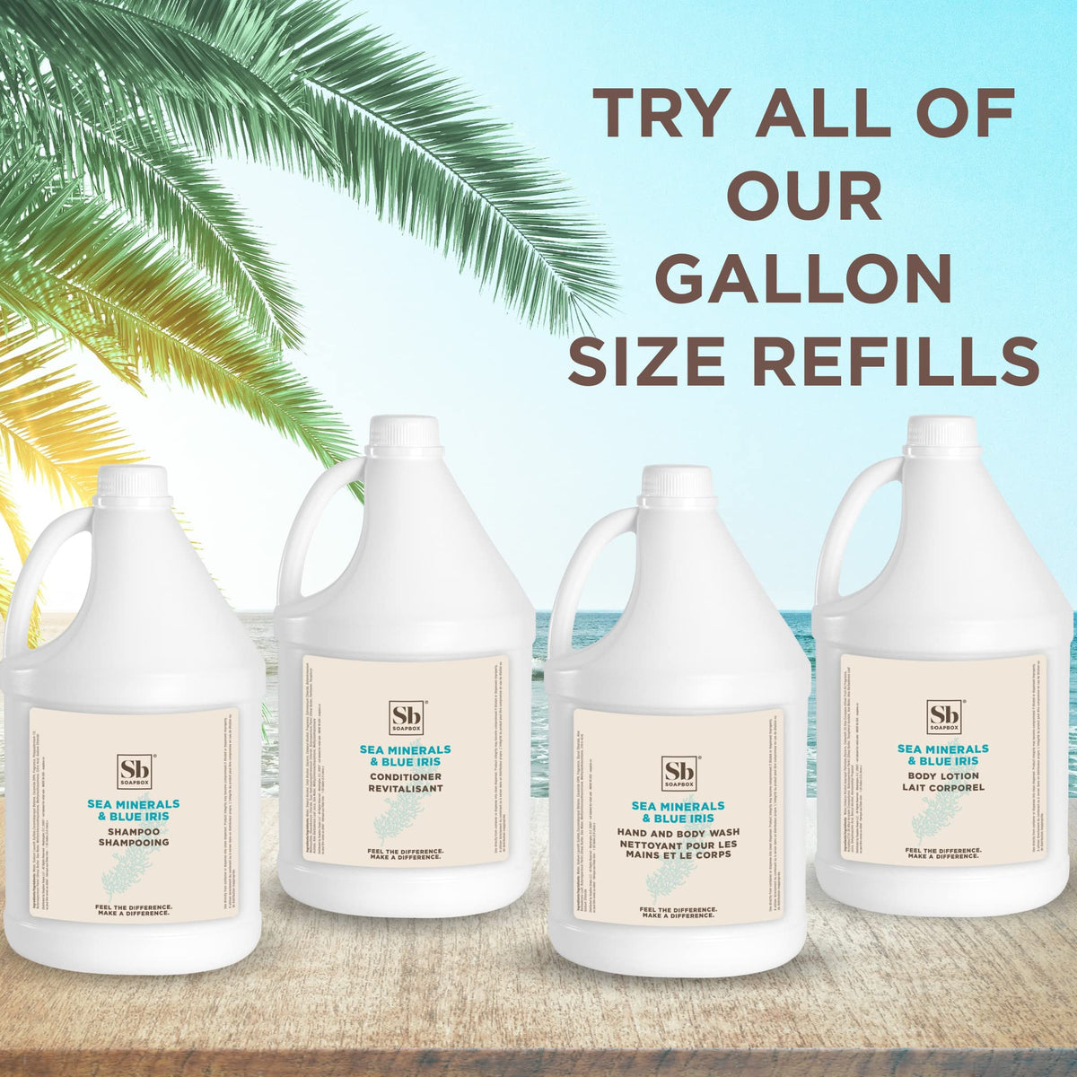 Soapbox gallon next to 500ml bottle demonstrating bulk value