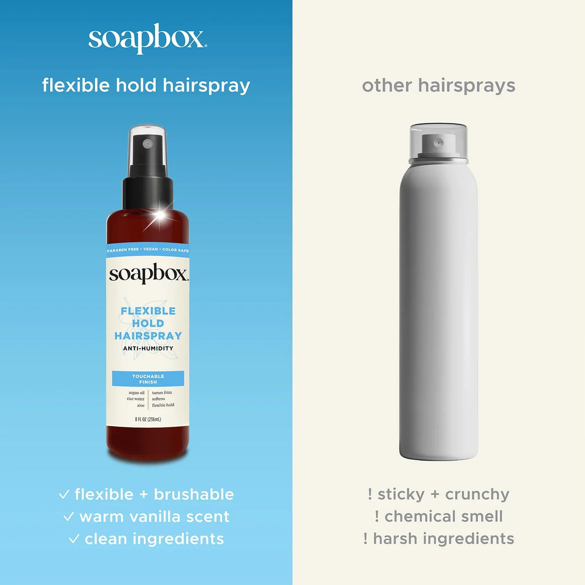 Soapbox before and after photo showing frizz control and added shine