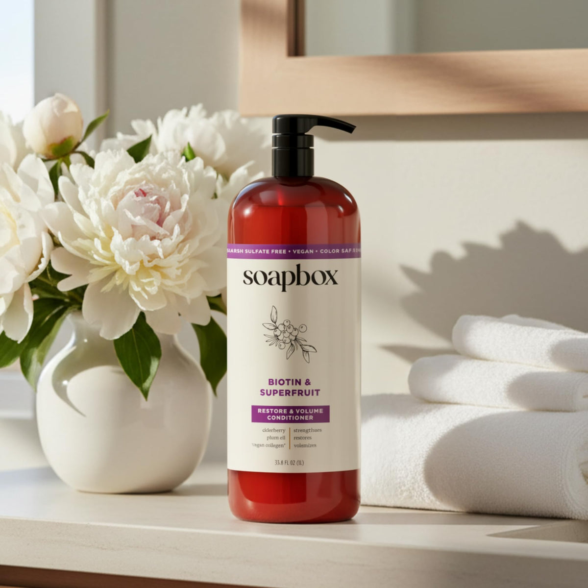 Soapbox bottles in a shower setting demonstrating everyday use benefit