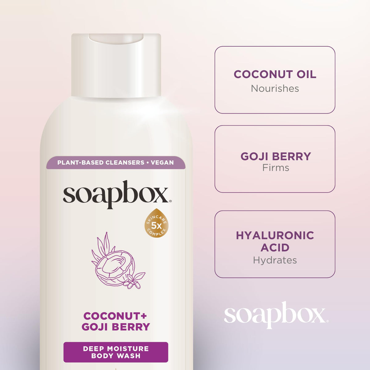 Soapbox coconut and goji berry ingredients arranged to show natural sourcing benefit