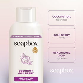 Soapbox coconut and goji berry ingredients arranged to show natural sourcing benefit