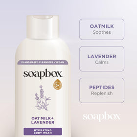 Soapbox ingredients display with oat milk and shea butter for nourishment