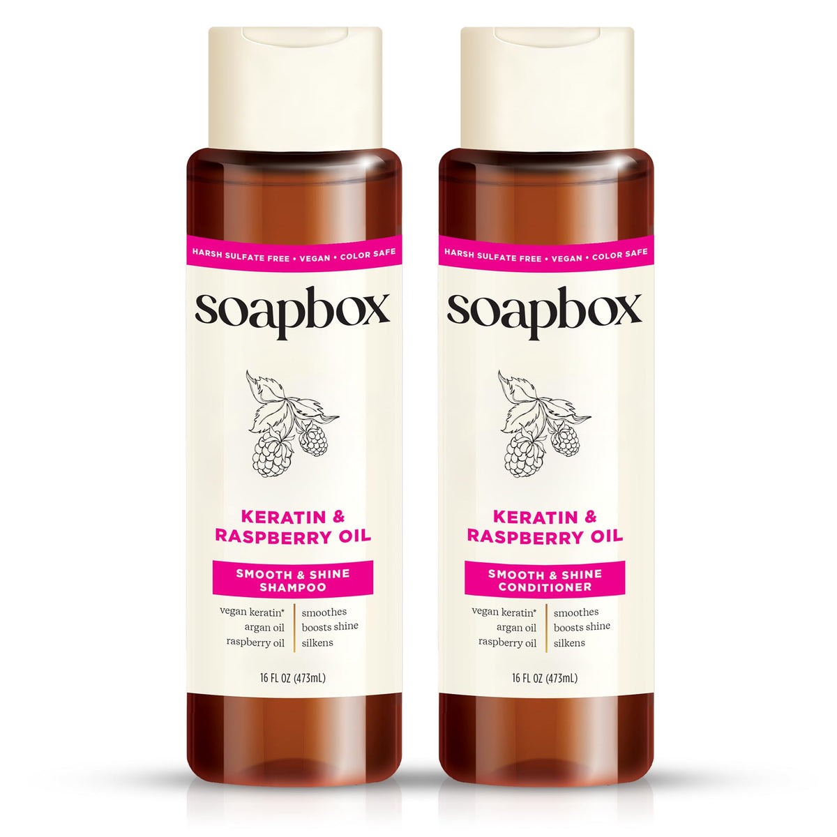 Soapbox front packaging showing duo and benefits for glossy hair