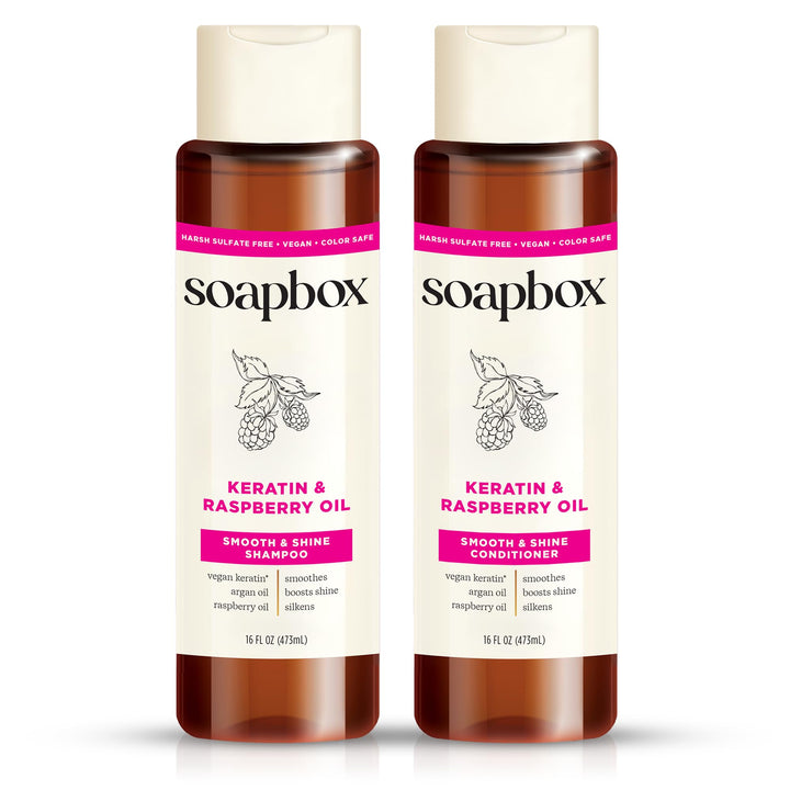 Soapbox front packaging showing duo and benefits for glossy hair