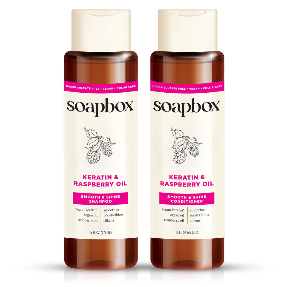 Soapbox front packaging showing duo and benefits for glossy hair