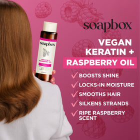 Soapbox ingredient display with argan and raspberry for nourishing shine