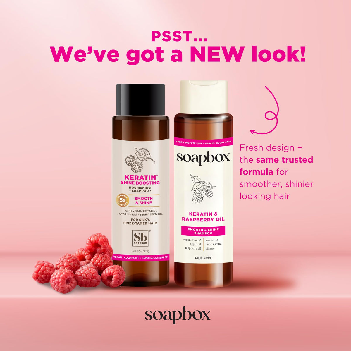Soapbox shampoo bottle detail highlighting keratin and clean formula