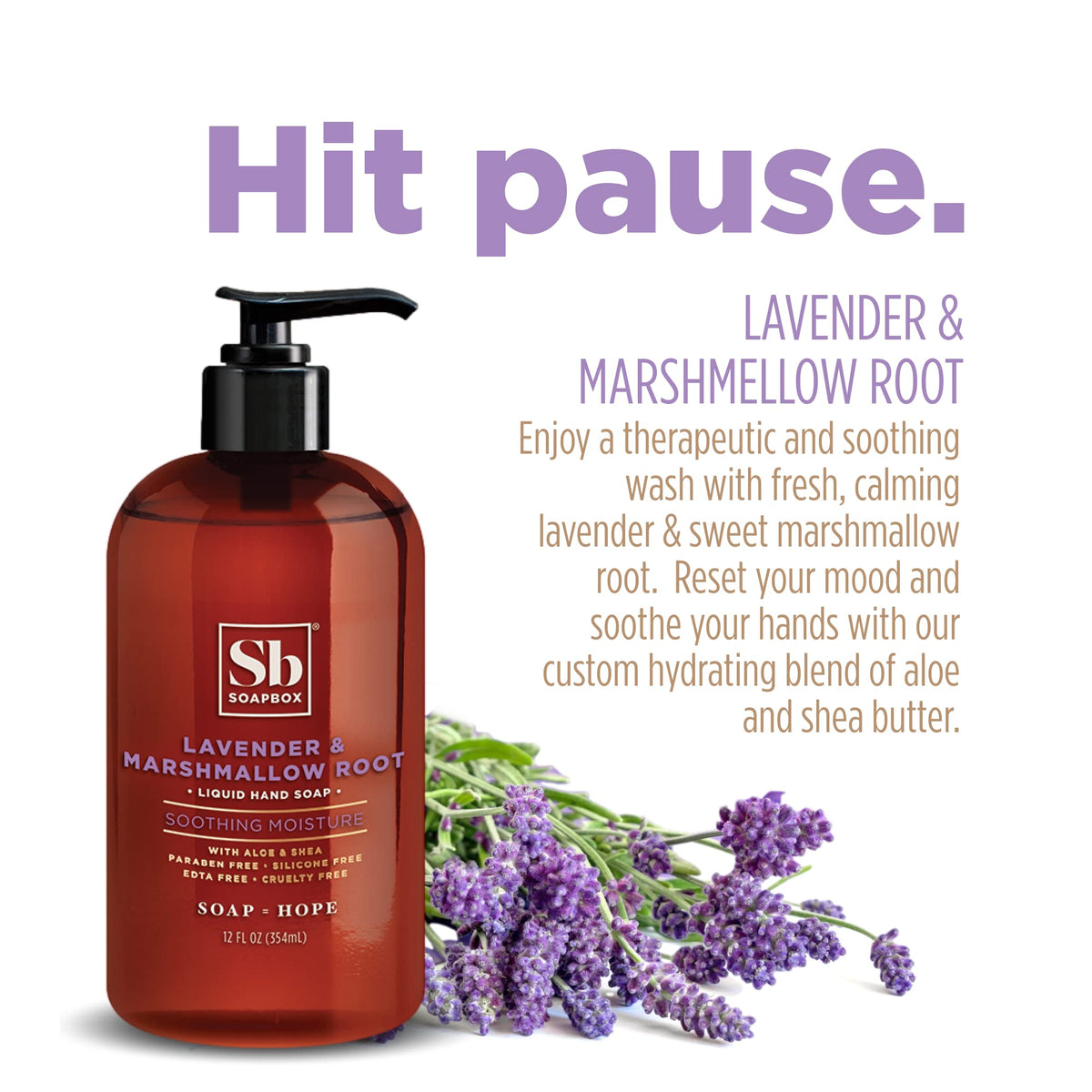 Soapbox label close-up highlighting lavender and marshmallow root benefits