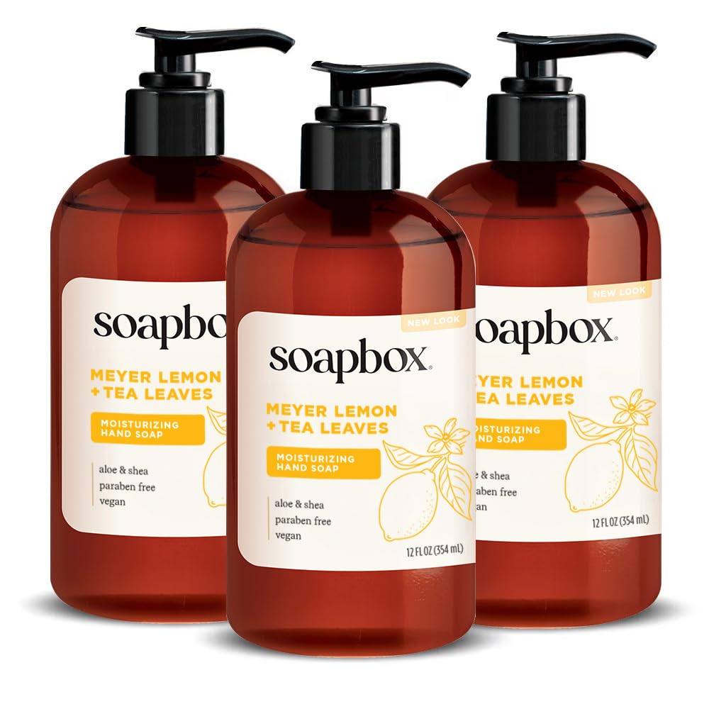Soapbox bottle front label showing Meyer Lemon & Tea Leaves and bright scent