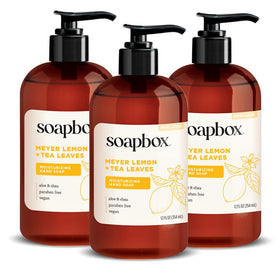 Soapbox bottle front label showing Meyer Lemon & Tea Leaves and bright scent