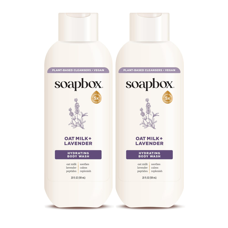 Soapbox oatmilk & lavender front packaging showing gentle hydrating wash