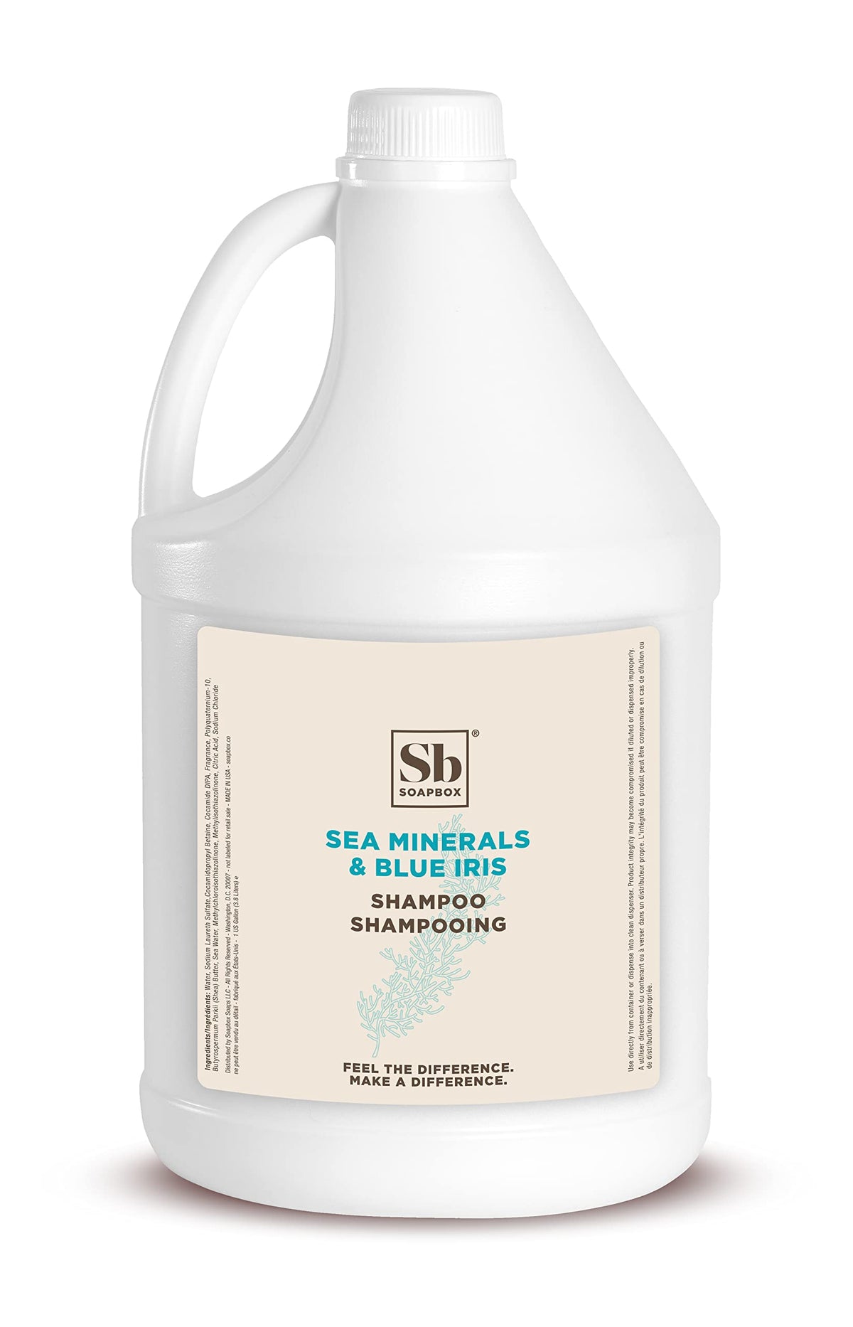 Soapbox front view of gallon shampoo showing brand and travel-friendly refill benefit
