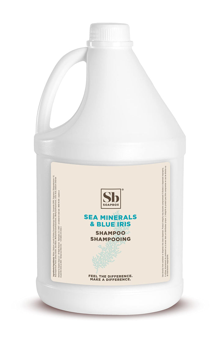 Soapbox front view of gallon shampoo showing brand and travel-friendly refill benefit