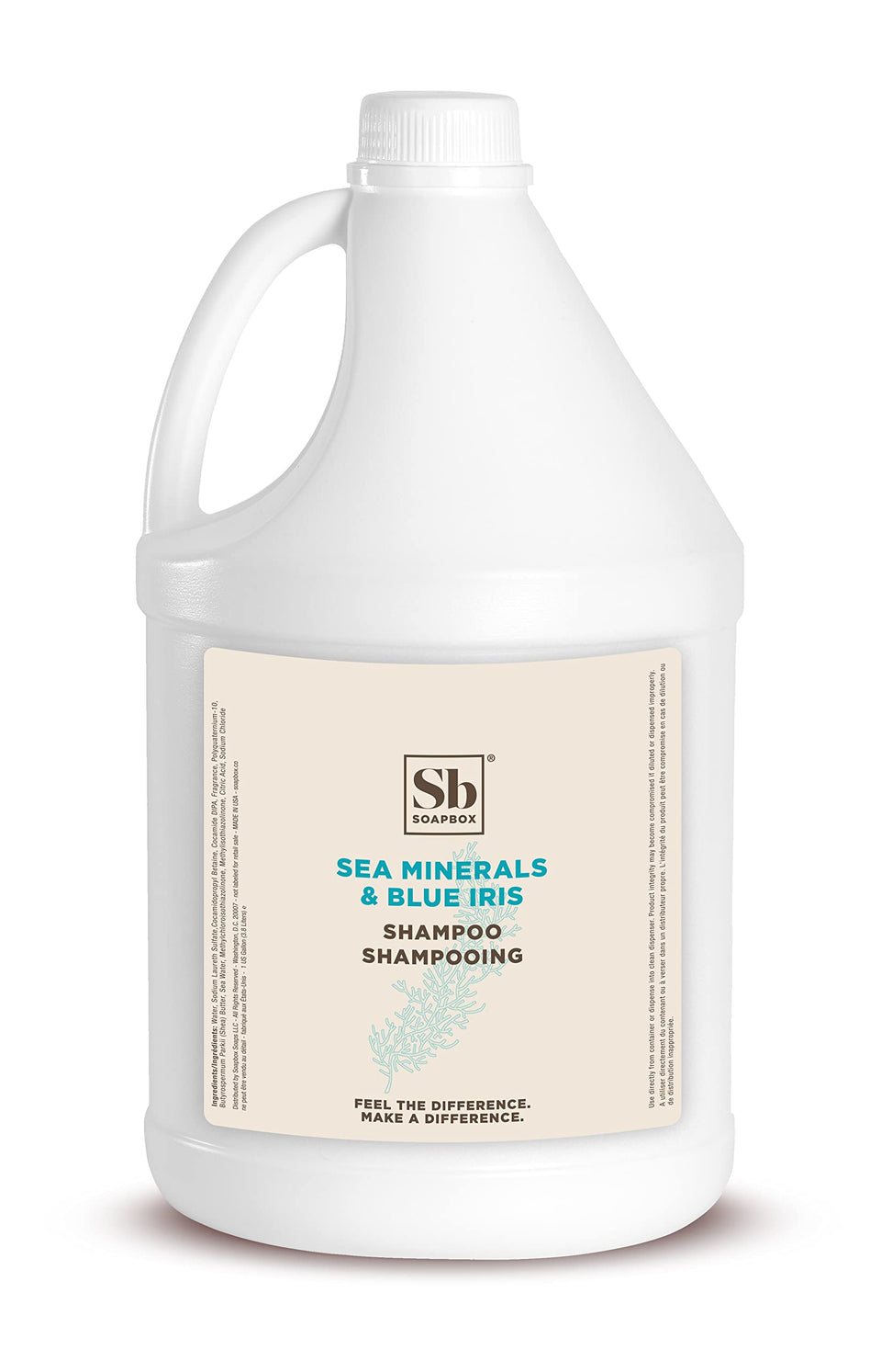 Soapbox front view of gallon shampoo showing brand and travel-friendly refill benefit