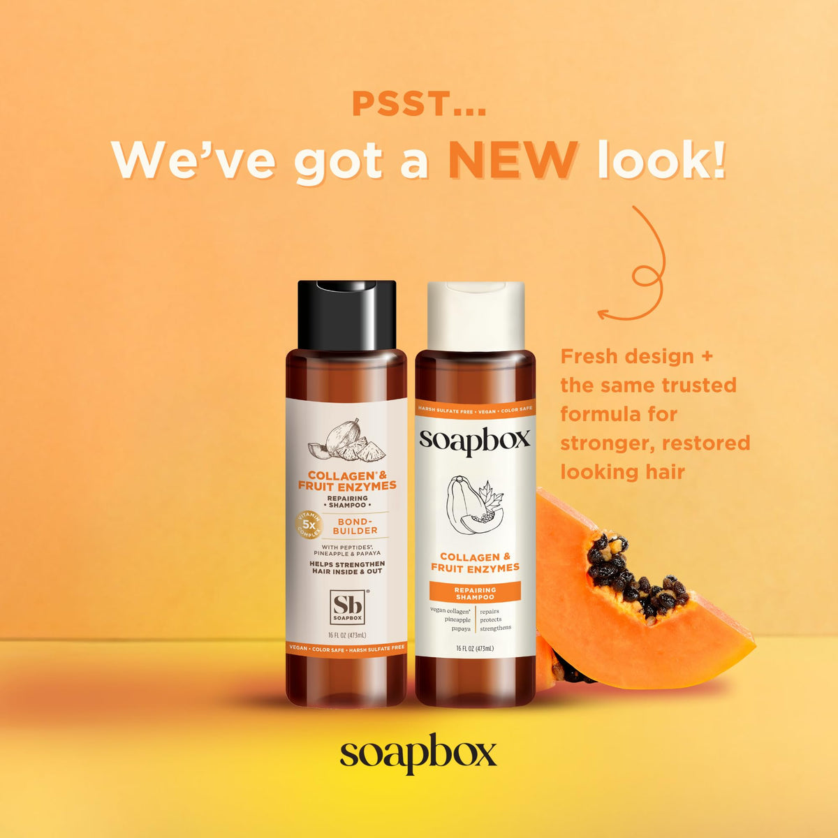 Close-up of Soapbox shampoo pump and label emphasizing clean-ingredient benefits