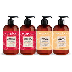Soapbox front pump bottle showing label and moisturizing benefit